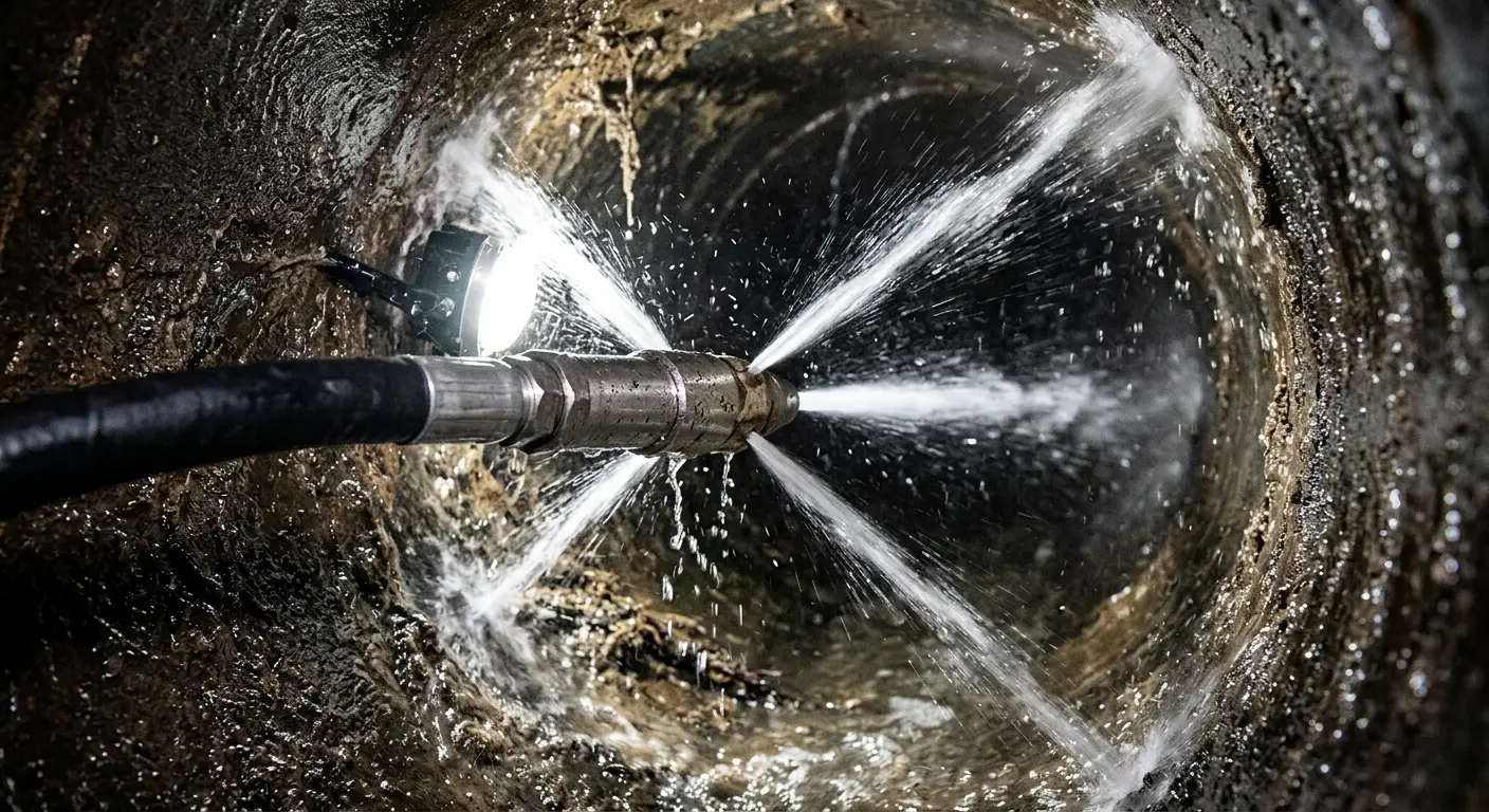 High-pressure hydro jetting nozzle cleaning sewer pipe for Trenchless Sewer Repair in Mahtomedi