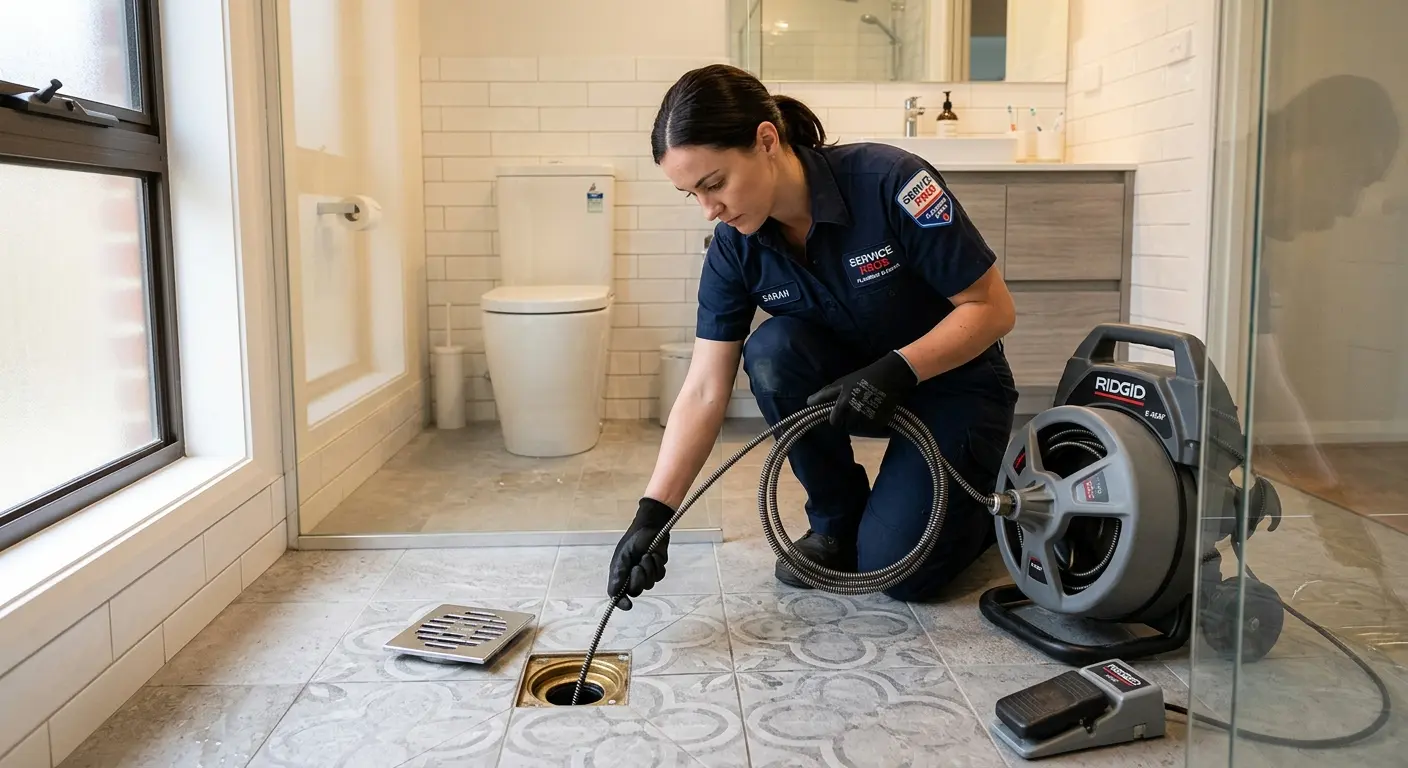 Technician clearing a bathroom floor drain for Drain Cleaning in Mahtomedi